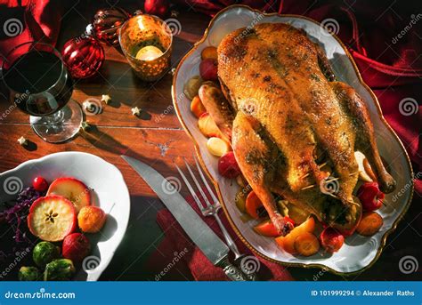 Roast Christmas Duck with Apples Stock Photo - Image of fruit, herbs ...