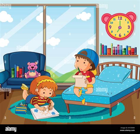 Boy and girl drawing picture in bedroom illustration Stock Vector Image ...