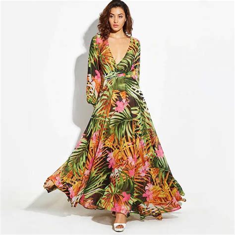 Vintacy Long Sleeve Dress Green Tropical Beach Vintage Maxi Dresses Boho Casual V Neck ...