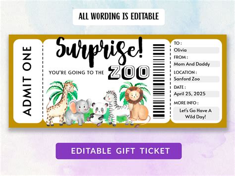 Surprise Zoo Ticket, Printable Zoo Ticket, Zoo Coupon, Gift Ticket, Zoo Voucher, Editable Zoo ...