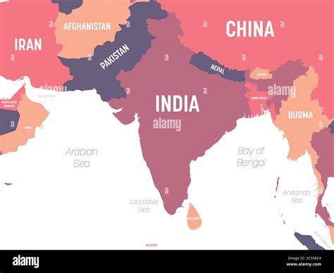 South Asia map. High detailed political map of southern asian region and Indian subcontinent ...