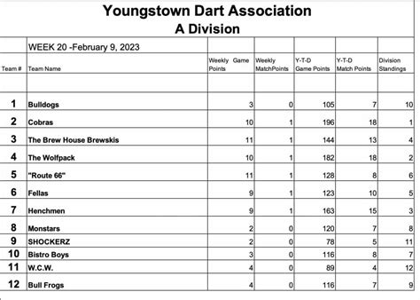 Standings | Youngstown Dart Association