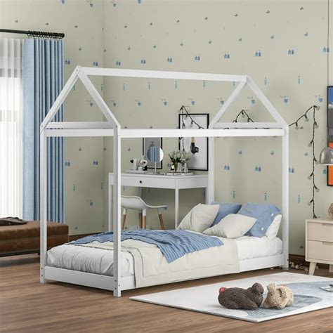 Euroco Twin Wood House Bed Frame with Roof for Toddler Kids,White - Walmart.com - Walmart.com