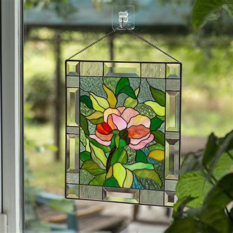 Peony flower stained glass window hanging panel