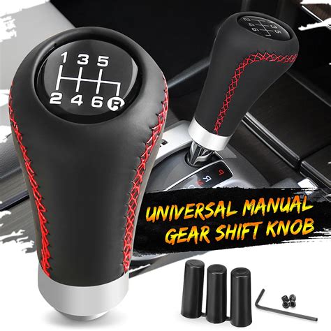 Universal 6 Speed Car Gear Shift Knob Manual Shifter Lever Stick Red Black Stitche PU Leather ...