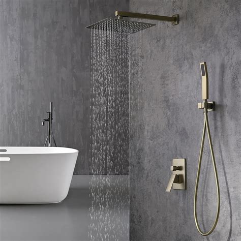 Modern 12" Brushed Gold Rain Showerhead Wall Mounted Shower Faucet Dual Function Shower System ...