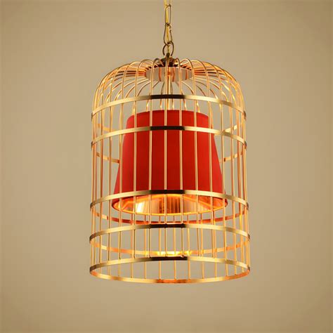 Red Bird Cage Ceiling Light Minimalistic Metal 1 Light Dining Room Pendant with Inner Cone Shade ...