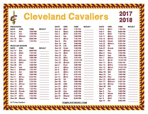 Printable 2017-2018 Cleveland Cavaliers Schedule