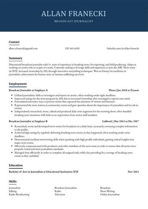 Broadcast Journalist Resume (CV) Example and Writing Guide