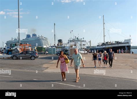 Port of Southampton, England UK. Visitors close to the cruise ship Britannia on Ocean Terminal ...