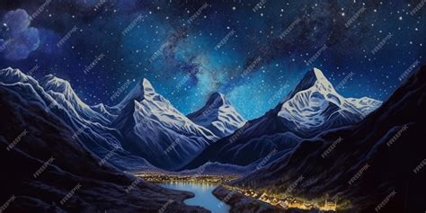 Premium AI Image | A starry night sky over a snowy mountain range.