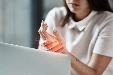 Laptop, Pain in Hand and Woman in Office with Wrist Injury from Writing ...