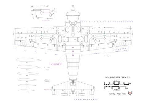 Asisbiz Aircraft scale drawing of a Grumman F4F 4 Wildcat Bottom View 1.48 Scale drawn by J Temma 0A