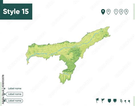 Assam, India - map with shaded relief, land cover, rivers, lakes, mountains. Biome map. Stock ...