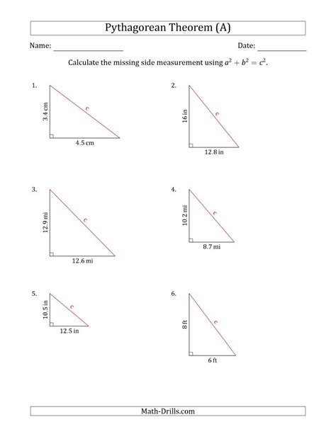 Math Worksheets Pythagorean Theorem