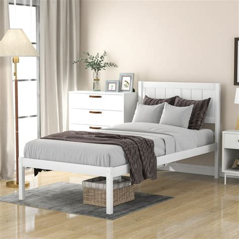 White Single Wood Bed Frame, Twin Size Bed Frame with Headboard, Modern Wood Platform Bed for ...