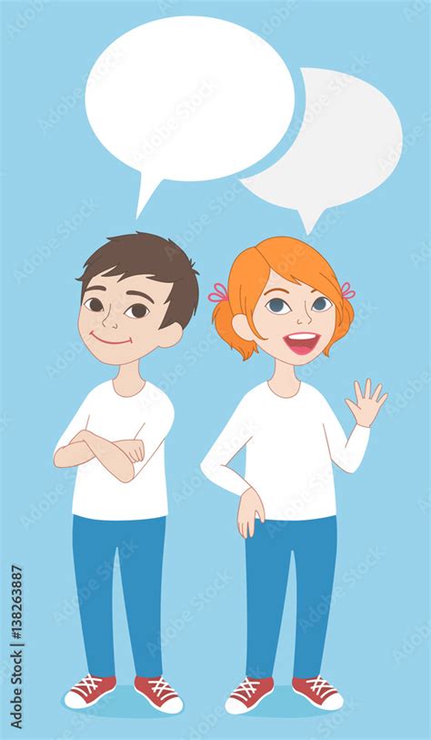 Two cartoon style kids with comics speech bubbles. School girl and boy talking, asking and ...