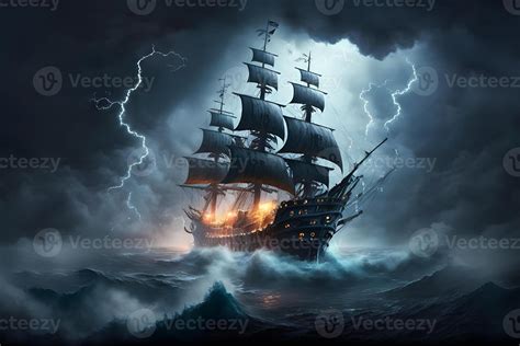 Sailing old ship in storm sea on the background clouds with lightning. Neural network 23138737 ...