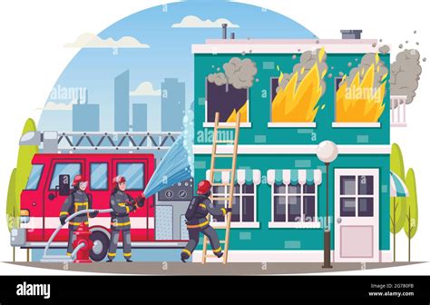 Firefighters cartoon round composition with cityscape background and burning house with firemen ...