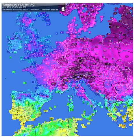 Temperature map in celsius of Europe, 28/02/2018 07:42 UTC. The entire winter leading up to this ...