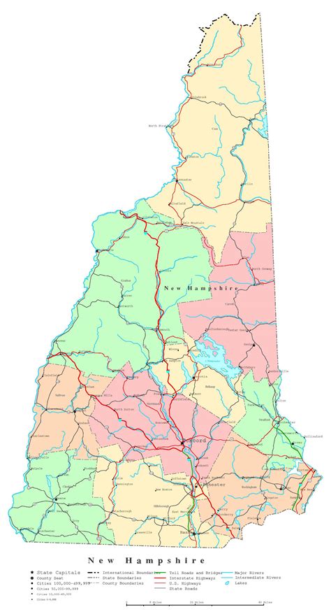 Large detailed administrative map of New Hampshire state with roads ...