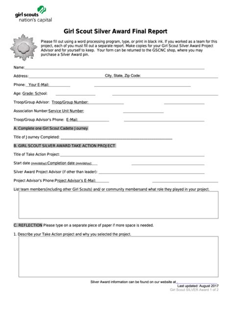 Fillable Girl Scout Silver Award Final Report Form printable pdf download