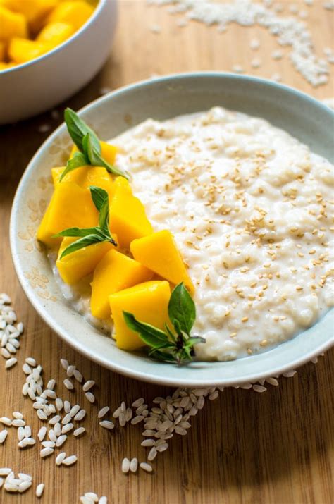 Thai Basil-Infused Coconut Rice Pudding with Mango