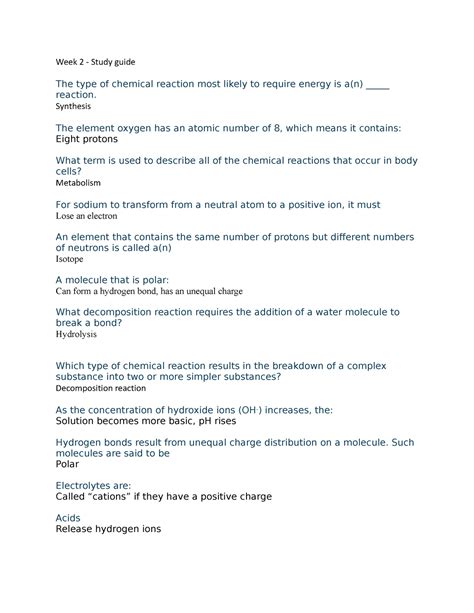 Week 2 study guide - assingments for week 2 - Week 2 - Study guide The type of chemical reaction ...