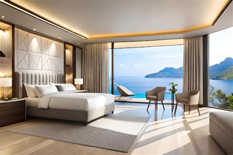 Premium AI Image | A hotel room with a view of the ocean.