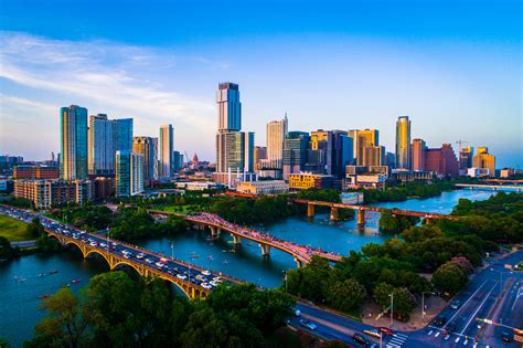 Aerial Drone view above Austin Texas USA Afternoon Sunset Lady Bird Lake 2019 on July 4th ...