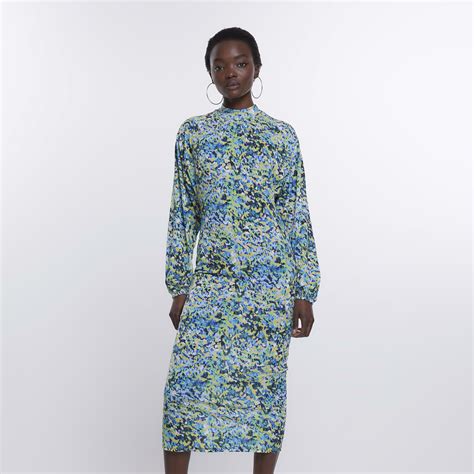 River Island Womens Midi Dress Blue Floral Long Sleeve