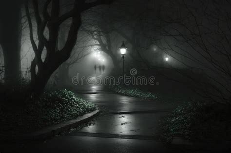 Path in Park with Street Lamps on Dark Misty Rainy Night, Created Using Generative Ai Technology ...