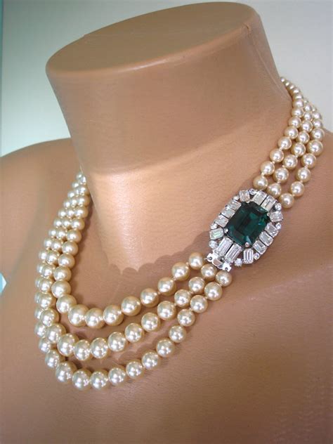 Emerald And Pearl Necklace, Vintage Pearl Choker, Pearl Bridal Necklace, Green Rhinestone ...