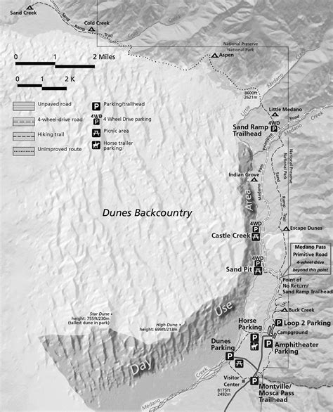 Backpacking Map for Great Sand Dunes National Park Backcountry Camping, Cold Creek, Sand Pit ...