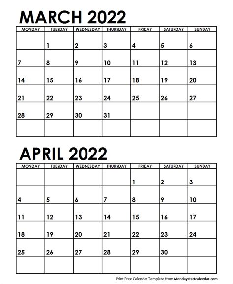 Mar Apr 2022 Calendar Monday Start | Editable Two Months Template