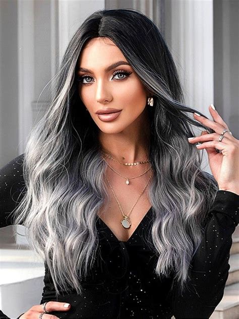 Black Gradient Gray Middle Part Long Wavy Synthetic Wig GRAY CLOUD | Long hair styles, Hair ...