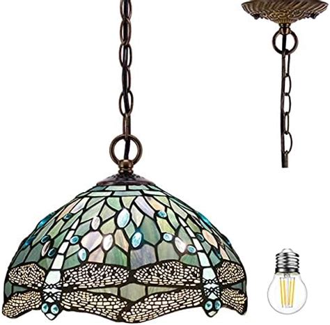 Tiffany Hanging Light W12H40 Inch Sea Blue Stained Glass Pendant lamp 2E26 Crystal Bead ...