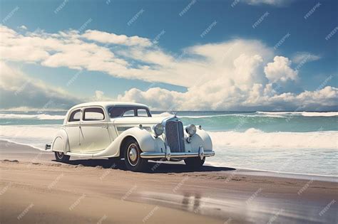 Premium AI Image | a vintage car on a beach with the ocean in the ...