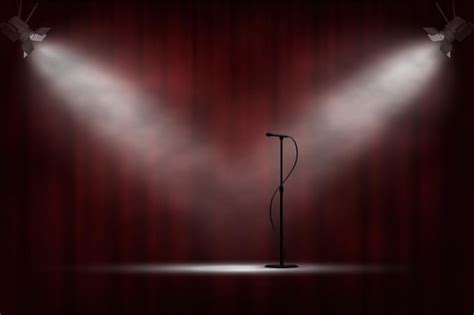 Premium Vector | Microphone standing on stage in spotlight red curtain ...