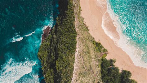 ocean, aerial view, surf, wave, foam, sand, shore, 4k HD Wallpaper