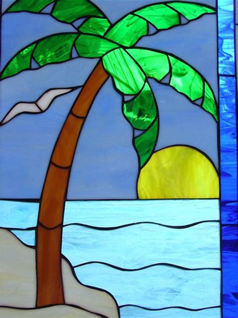 Palm Tree Sun & Seagulls Leaded Stained Glass Window Panel | Etsy in ...