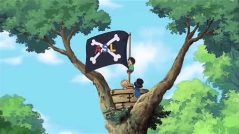 Ace, Sabo, Luffy, brothers, young, childhood, tree, flag, Jolly Roger, ASL, text; One Piece One ...