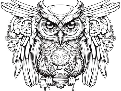 Colorful Steampunk Owl Drawing - Coloring Page