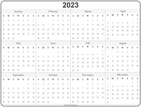 1 Page Printable 2023 Calendar