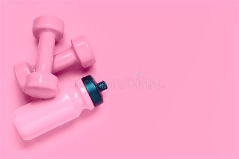 Fitness Workout Background Concept with Pink Dumbbells and Bottle of Water. Top View Flatlay ...