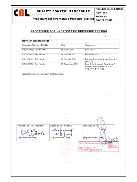 Procedure of Hydrostatic Pressure Testing | PDF | Equipment | Building ...