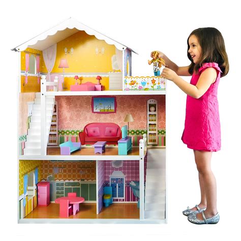 Best Choice Products Large Childrens Wooden Dollhouse Fits Barbie Doll House Pink w/ 17 Pieces ...