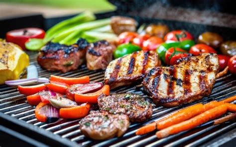 Premium AI Image | sizzling grill with a variety of meats and vegetables cooking on it