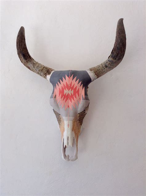 Sweet Horizon - Wall decor. Yarn painted cow skull. Mexican geometric motif. Feather tears ...