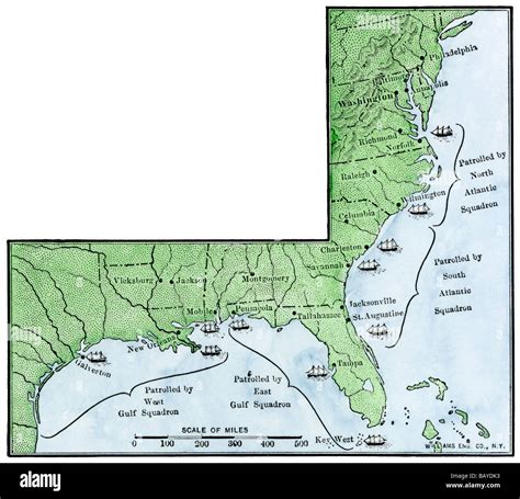 Map of the Union naval blockade of the Confederacy's coastline US Civil War. Hand-colored ...